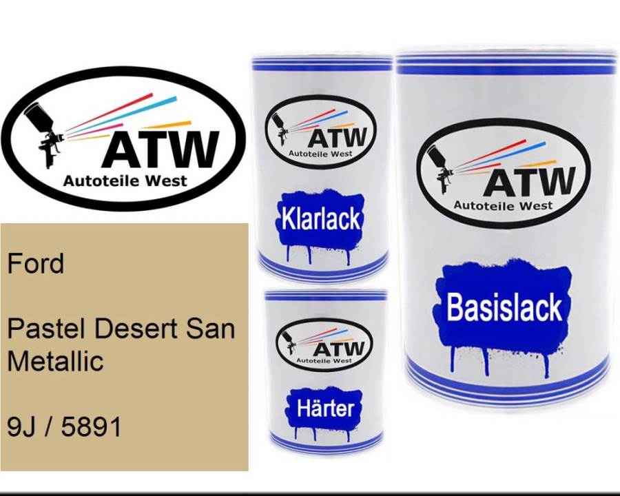 Ford, Pastel Desert San Metallic, 9J / 5891: 500ml Lackdose + 500ml Klarlack + 250ml Härter - Set, von ATW Autoteile West.